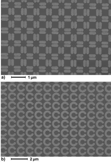 Fig 1: SEM images of permalloy nanostructures on silicon written by electron beam lithography